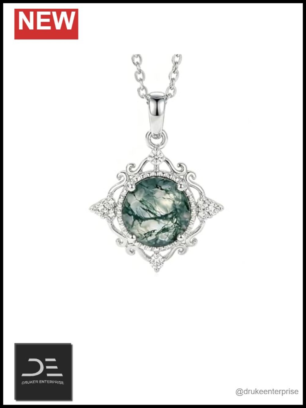 Moss Agate Necklace 925 Sterling Silver Dainty Pendant Moissanite Jewelry Gift